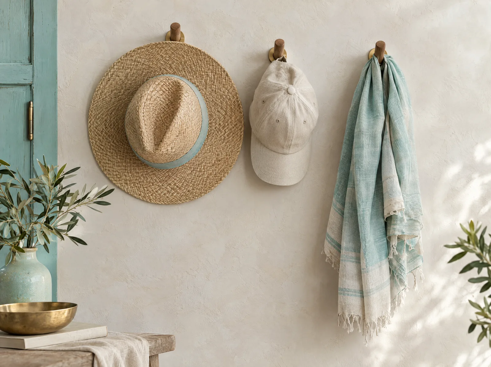 Chapeau de paille, casquette en coton et foulard en lin accrochés à des patères en bois