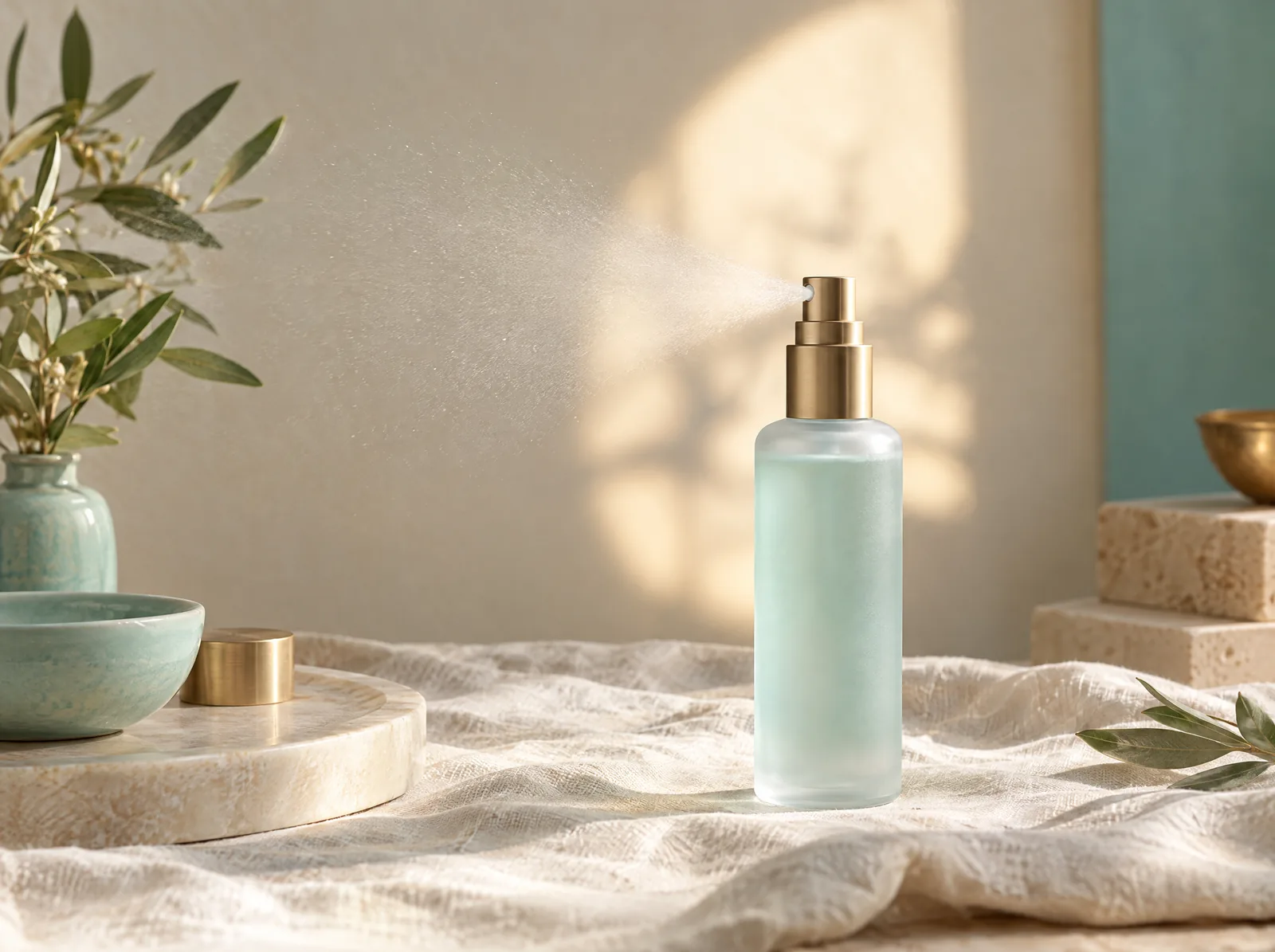 Flacon spray en verre dépoli et fine brume posés sur un linge clair, dans une lumière chaude