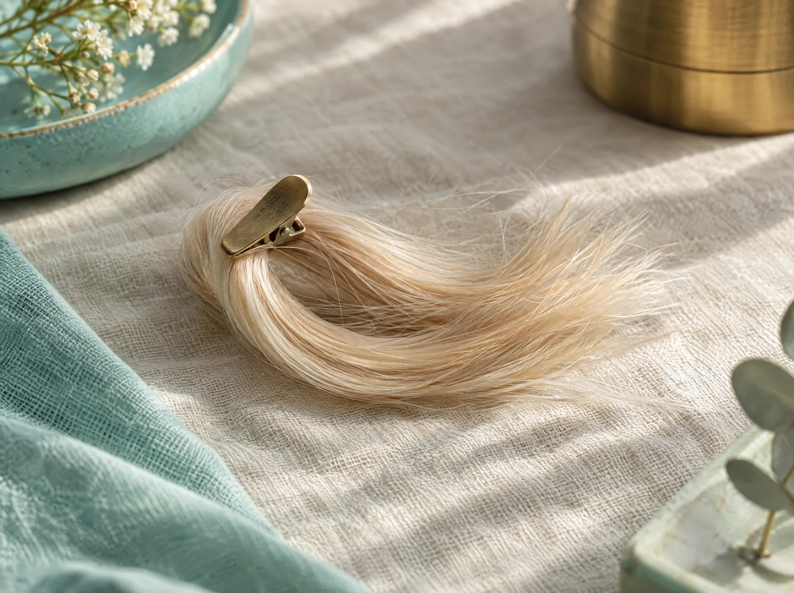 Mèche de cheveux blonds retenue par une pince en laiton, posée sur du lin clair dans la lumière du soleil