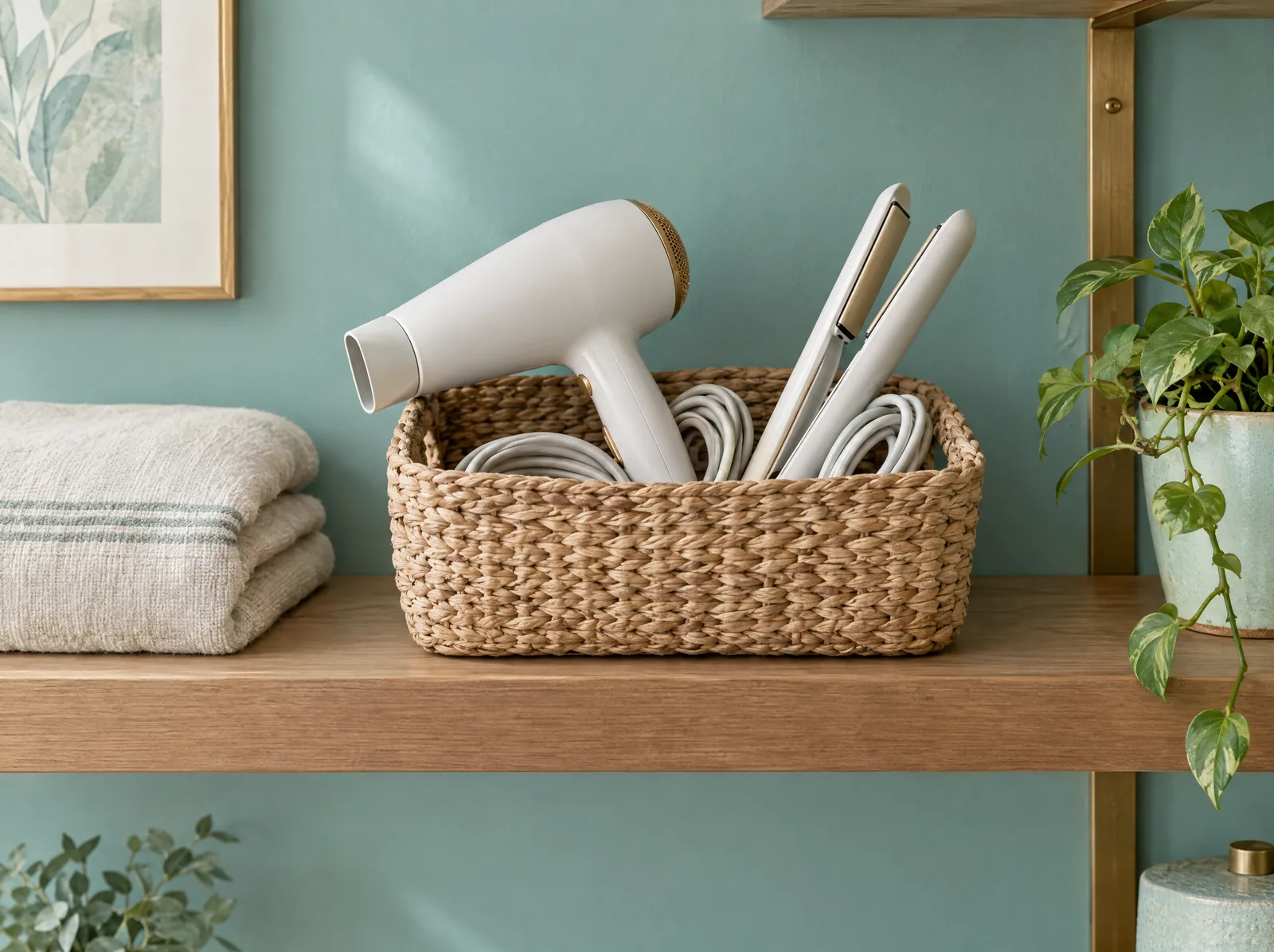 Sèche-cheveux et fer à lisser rangés dans un panier tressé, à côté d'une serviette en lin pliée