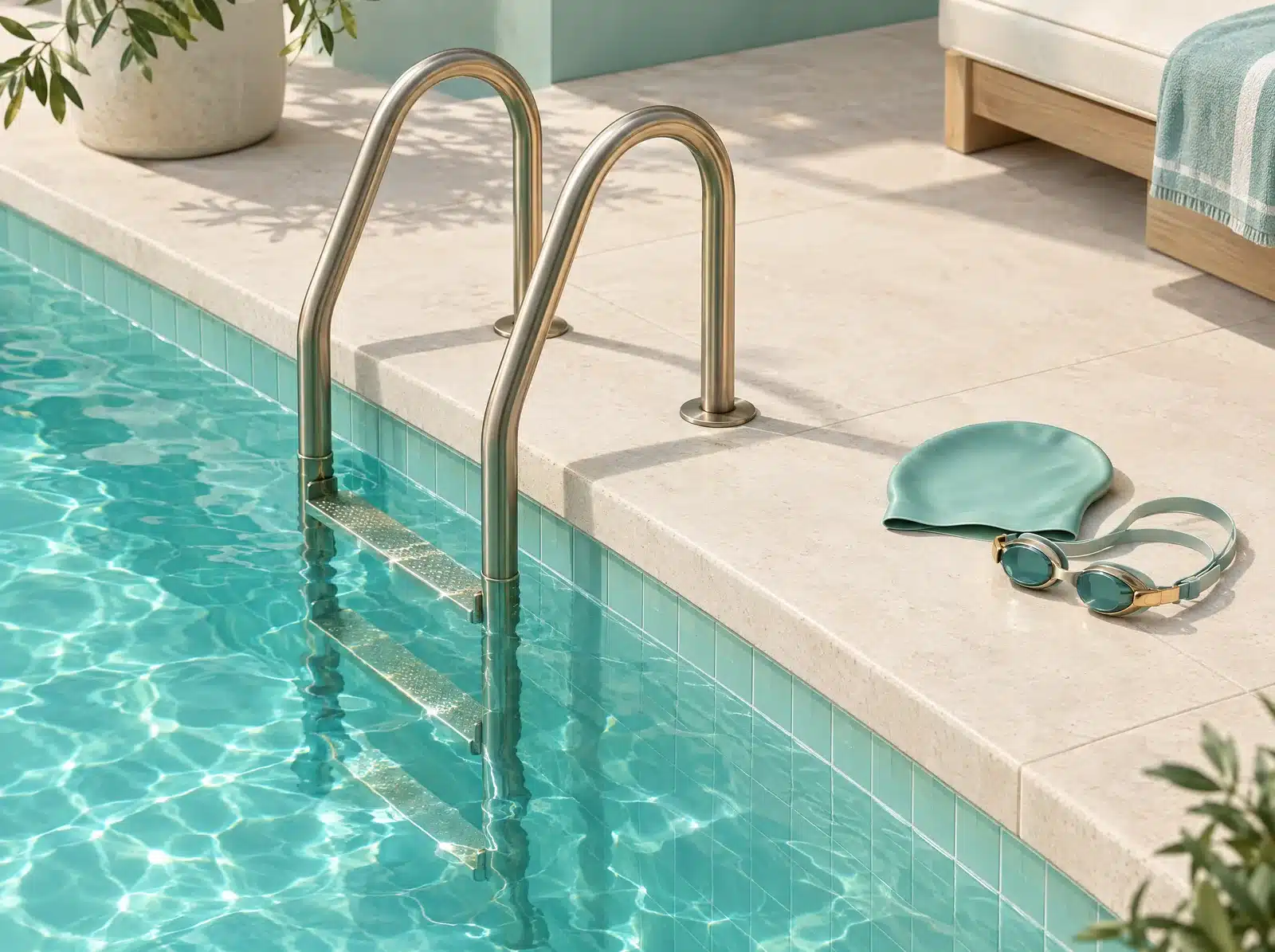 Illustration 3D d'un coin de piscine turquoise avec une échelle, un bonnet de bain et des lunettes posés sur le bord