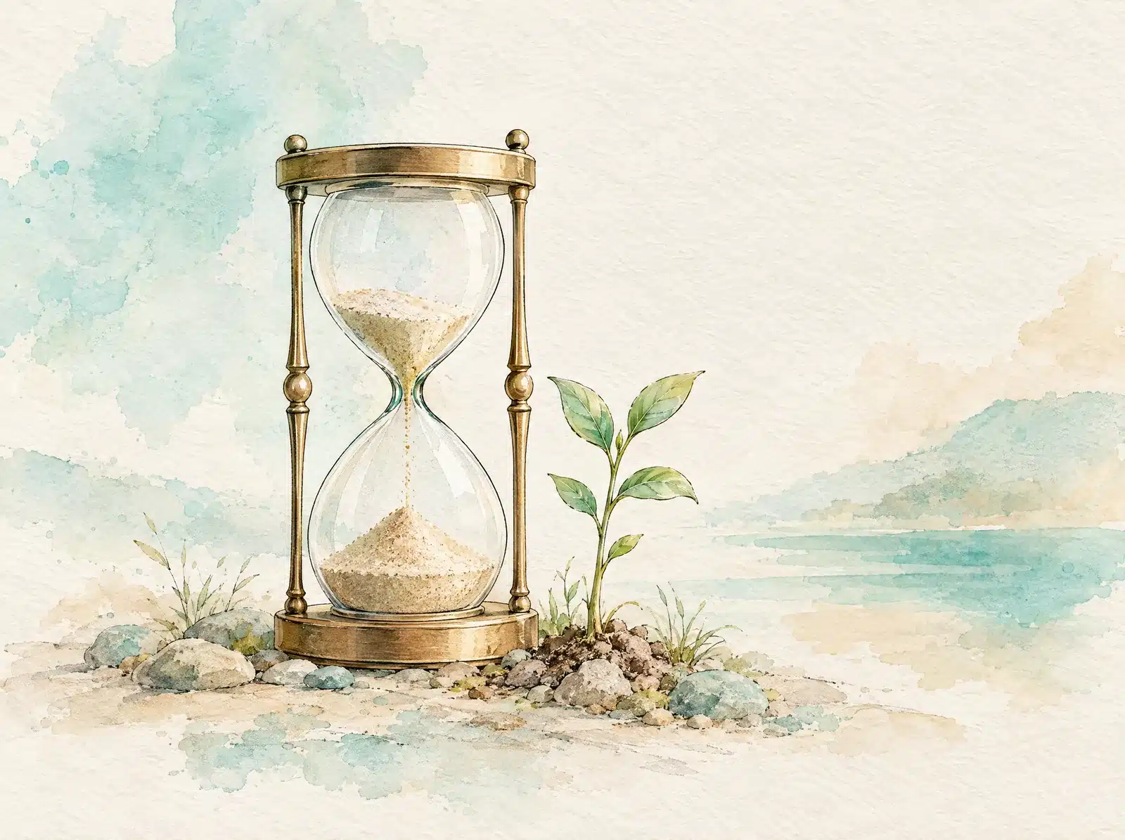 Aquarelle d'un sablier et d'une jeune pousse : une guérison plus longue quand on ne suit pas les consignes