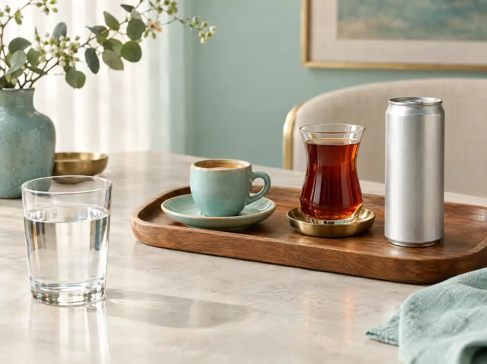 Tasse d'espresso, verre de thé noir et canette sans étiquette sur un plateau, avec un verre d'eau claire au premier plan