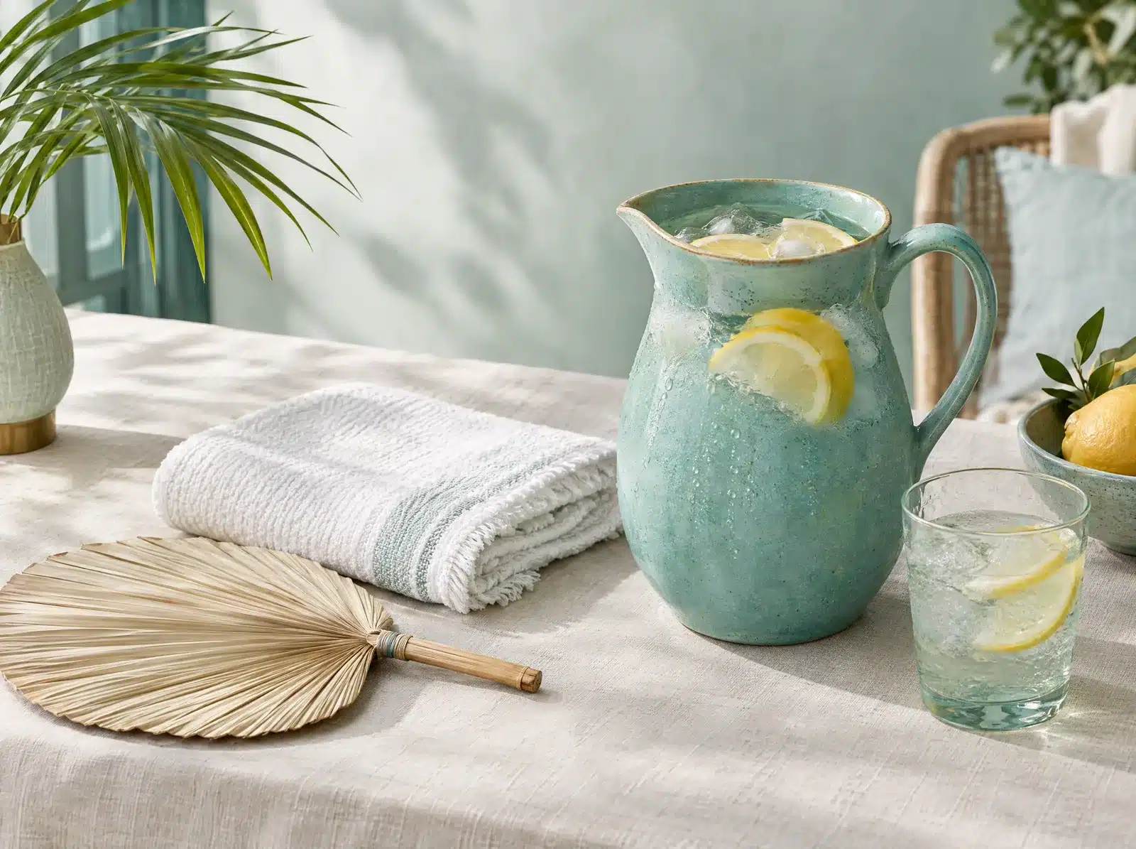 Pichet d'eau fraîche, serviette blanche pliée et éventail en feuille de palmier sur du lin clair : rester au frais
