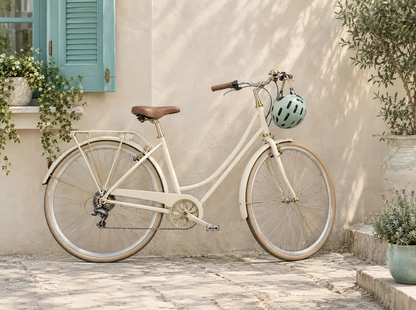 Vélo crème appuyé contre un mur clair, avec un casque suspendu au guidon, dans la lumière du matin