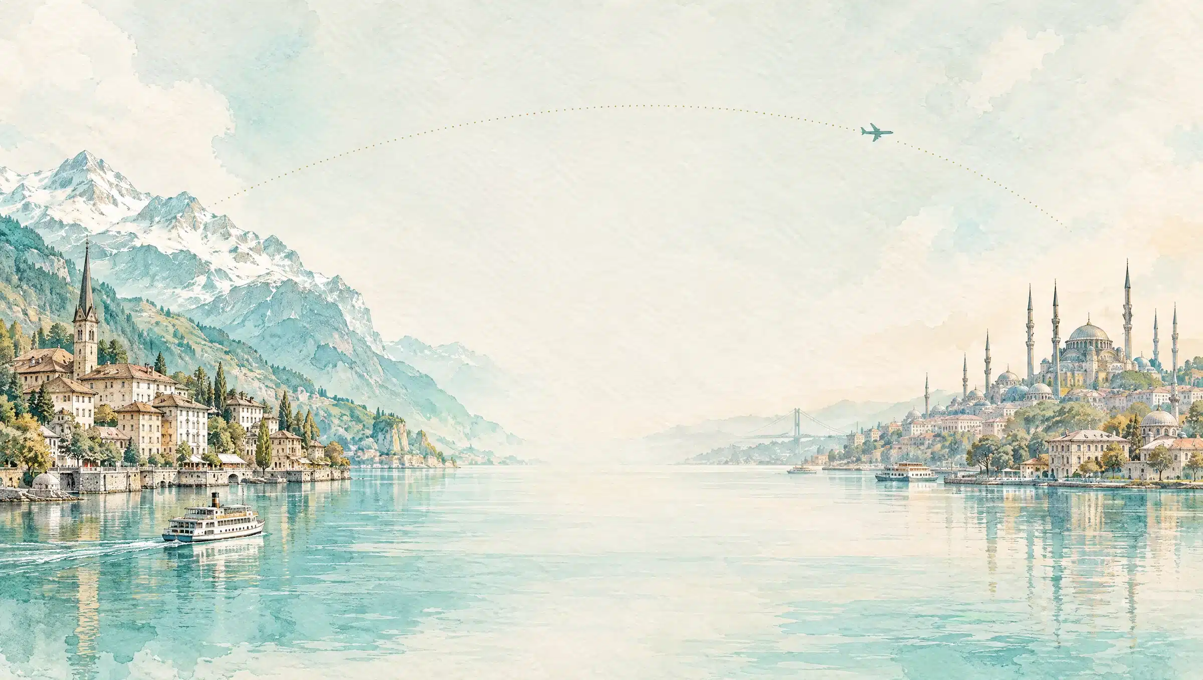 Aquarelle d'un lac suisse sous les montagnes, relié par une ligne de vol en pointillés à un détroit aux coupoles et minarets