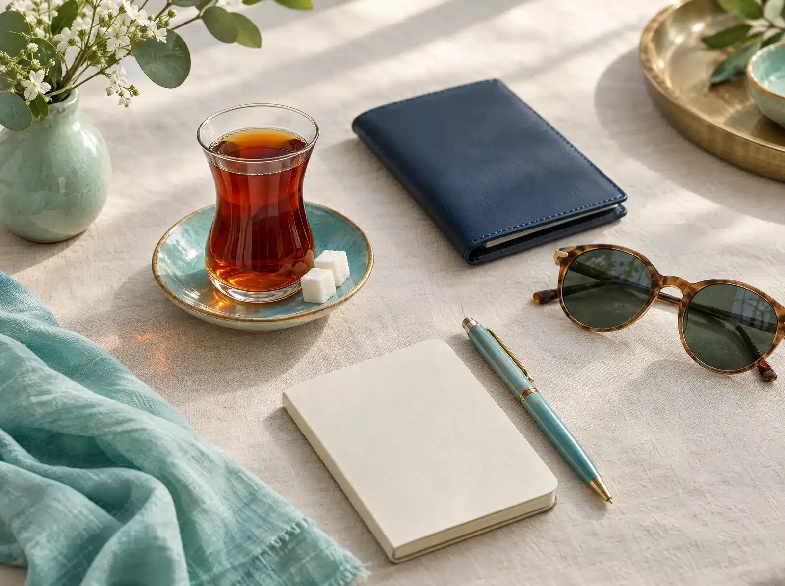 Verre de thé turc, pochette de voyage, lunettes de soleil et carnet posés sur du lin clair