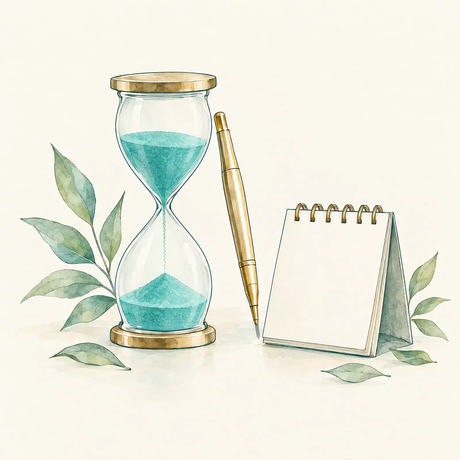 Aquarelle : un sablier, un stylo doré et un petit bloc-notes de bureau vierge
