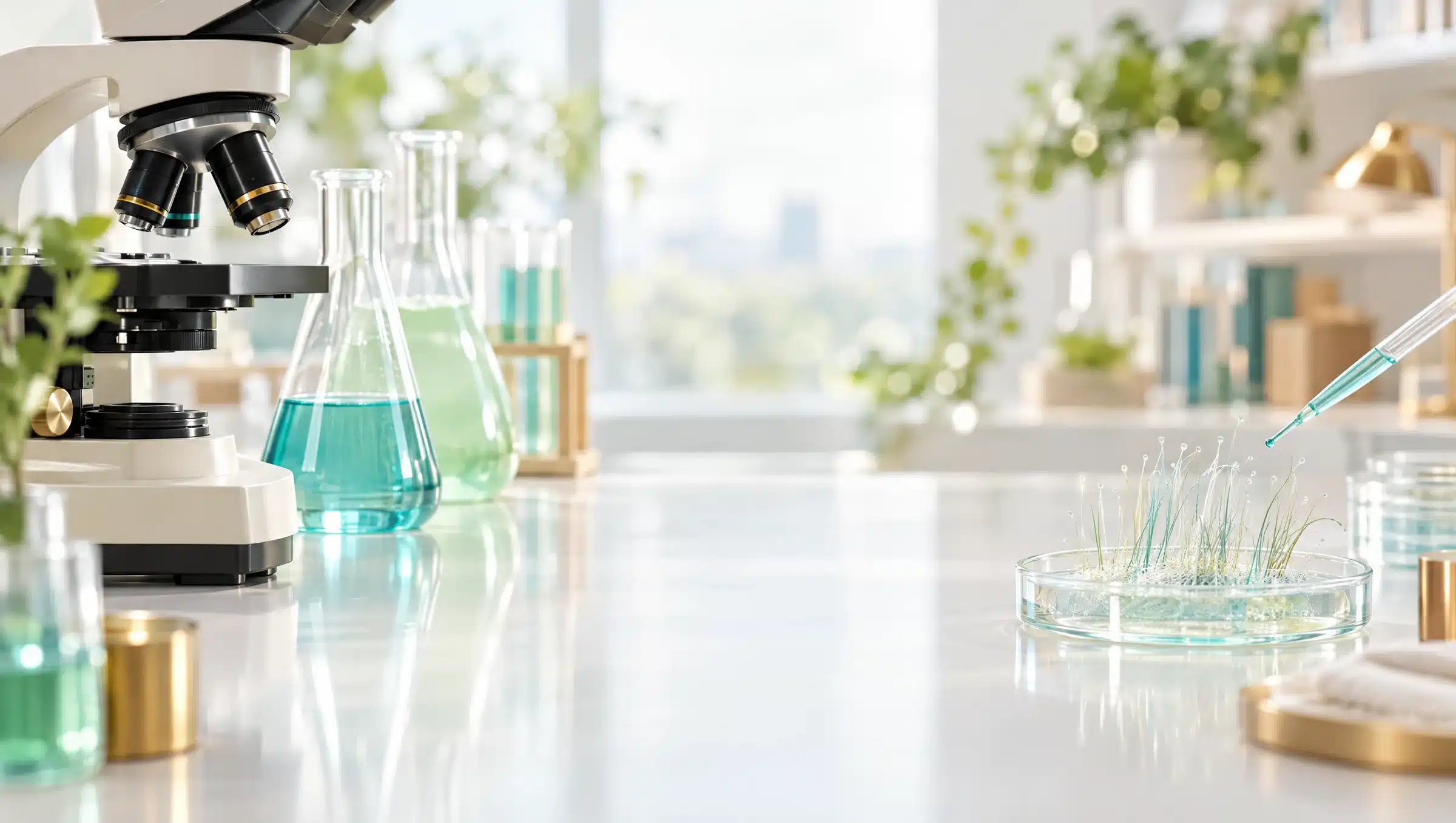 Paillasse de laboratoire lumineuse avec microscope, fioles, pipette et boîte de Petri