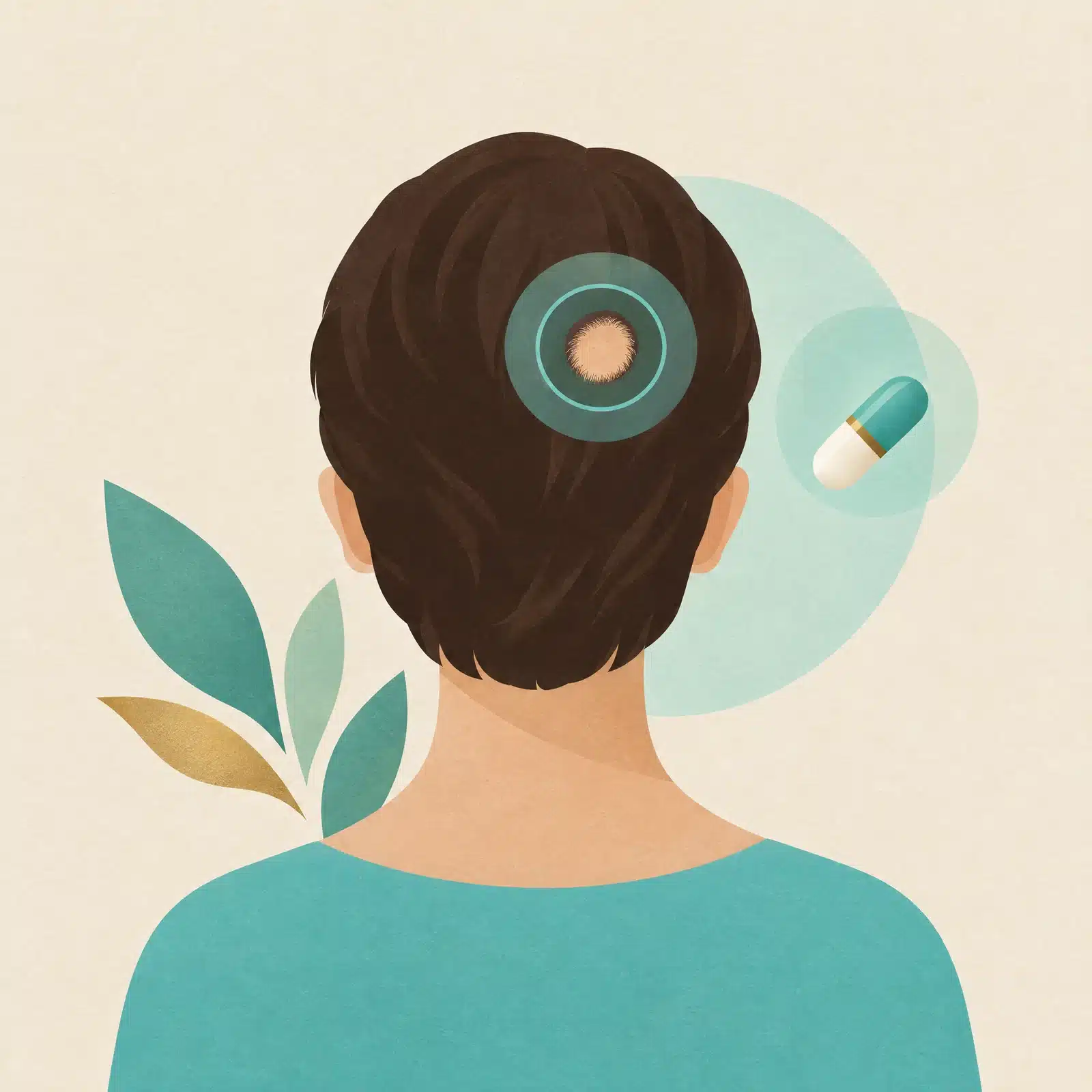 Personne de dos aux cheveux courts, avec une petite plaque sans cheveux entourée d'une cible, et une gélule à côté