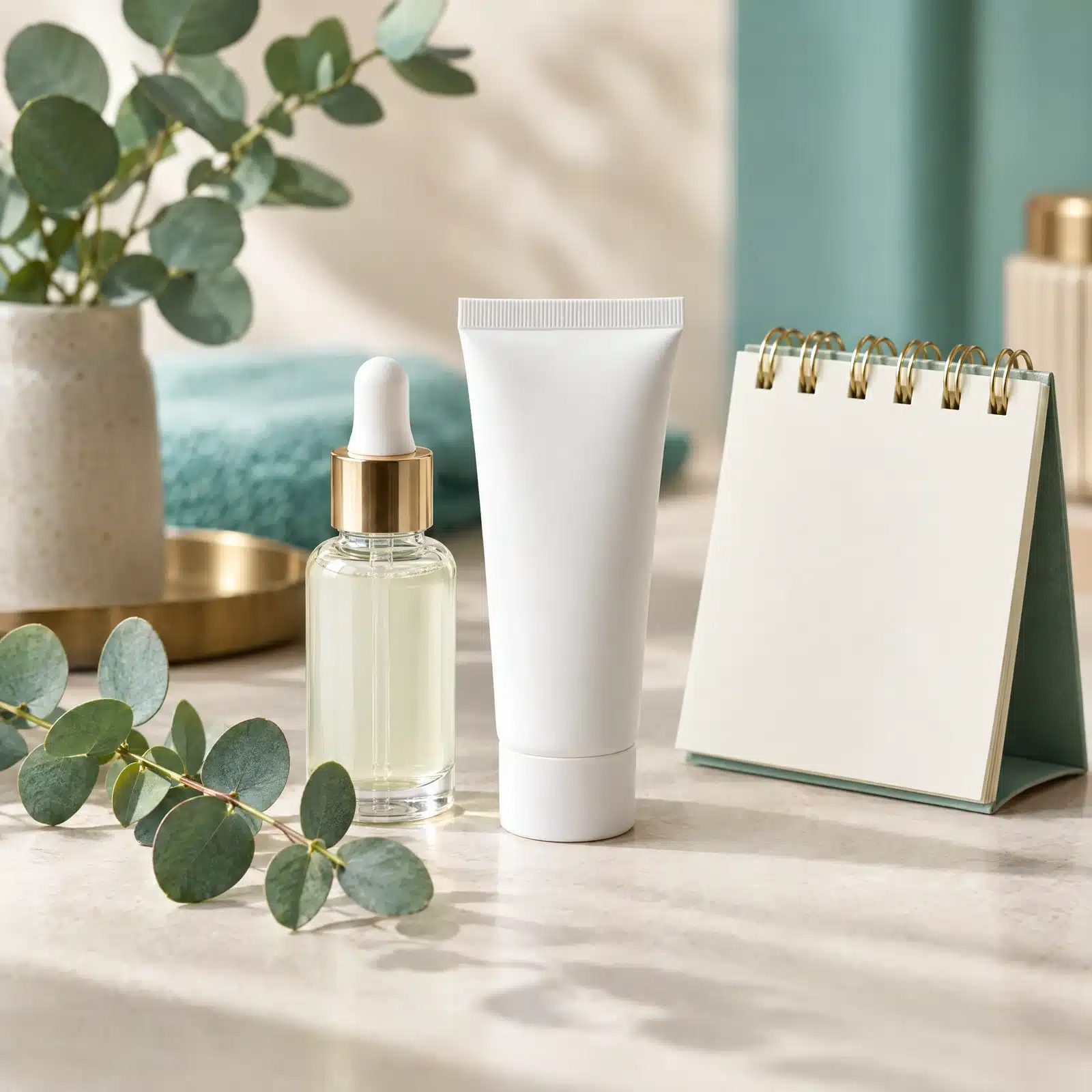 Flacon compte-gouttes, tube blanc et petit bloc-notes de bureau à spirale posés sur une table, avec une branche d'eucalyptus