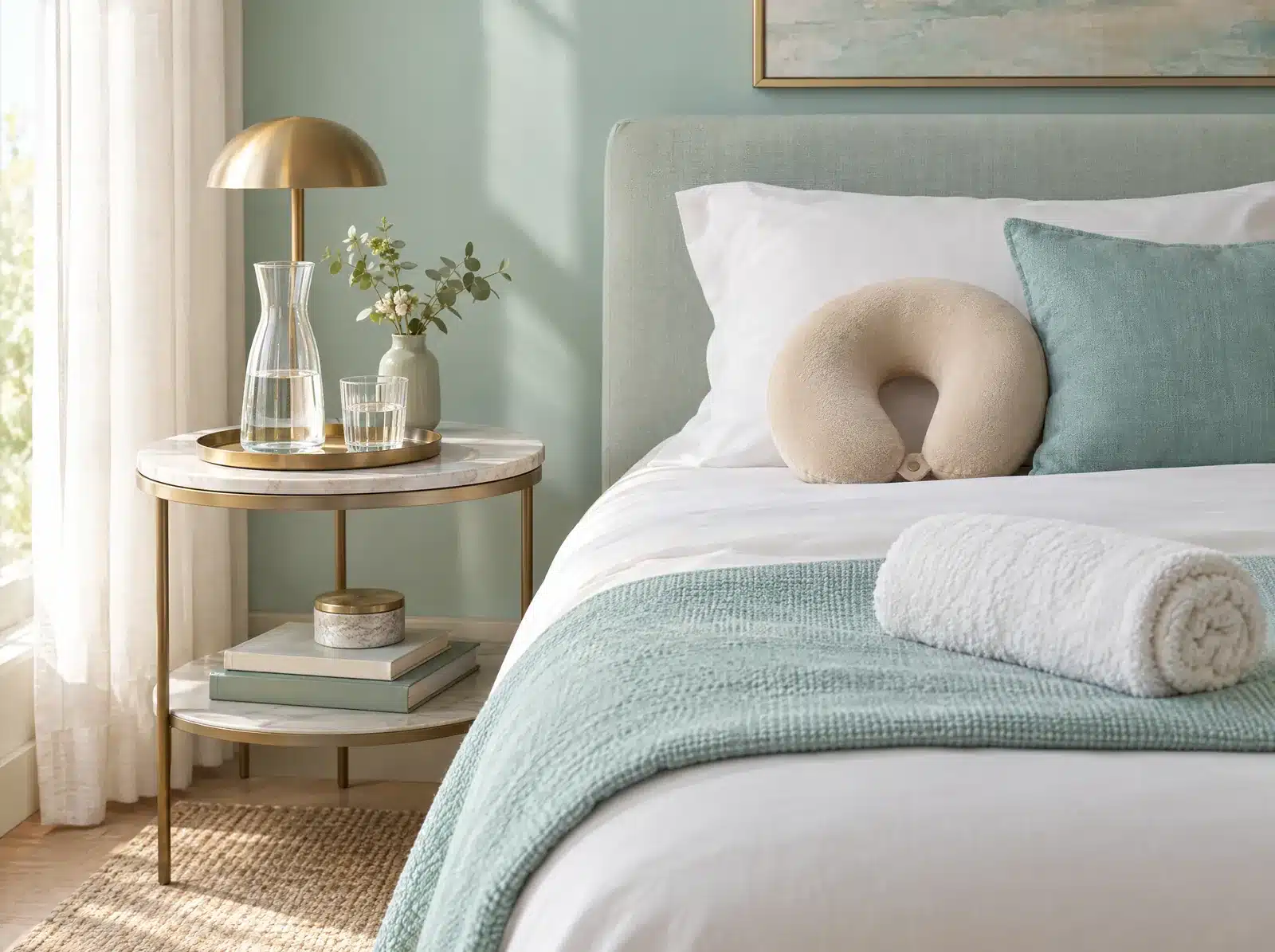 Coin de chambre avec un lit fait, une serviette roulée, un coussin de cou et une carafe d'eau sur la table de chevet