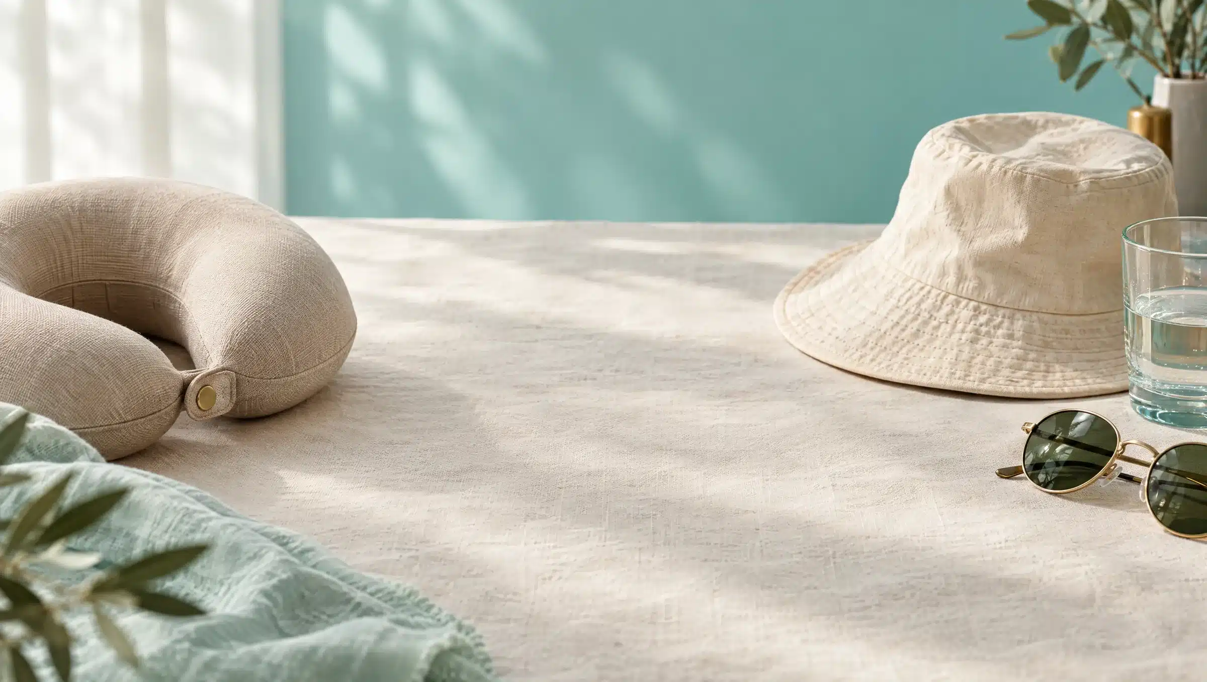 Coussin de cou beige, bob en coton, verre d'eau et lunettes de soleil posés sur du lin clair