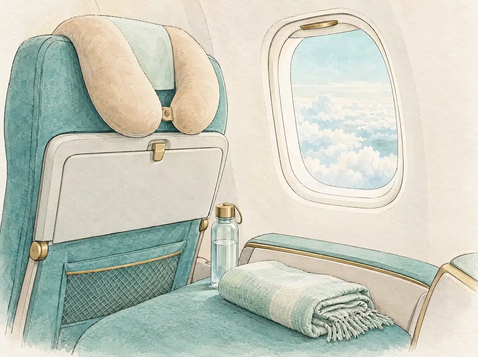 Fauteuil d'avion vu de dos avec un coussin de cou, un hublot sur les nuages, une bouteille d'eau et une couverture pliée, dessinés à l'aquarelle