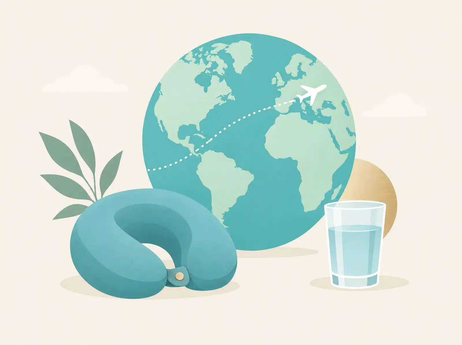 Globe stylisé avec un trajet d'avion en pointillés, un coussin de cou et un verre d'eau