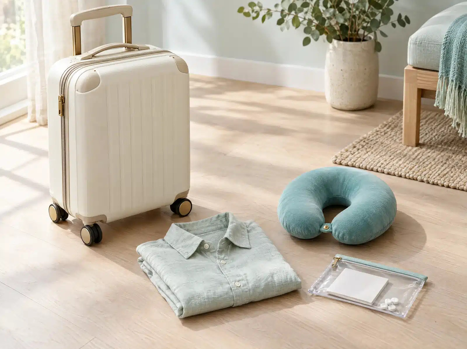 Petite valise cabine crème, chemise en lin pliée, coussin de cou et pochette transparente contenant une feuille pliée et quelques comprimés