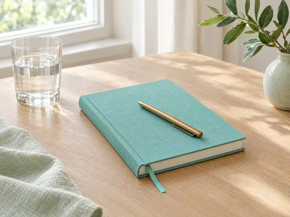 Illustration : carnet en lin turquoise avec un stylo en laiton posé dessus, à côté d'un verre d'eau, sur une table en chêne clair près d'une fenêtre : suivre les dates clés du lavage