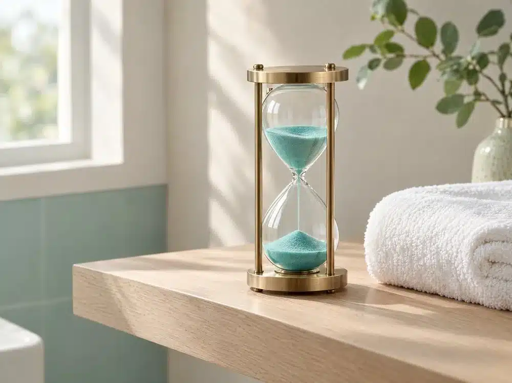 Sablier en laiton rempli de sable turquoise, posé sur une tablette en chêne clair à côté d'une serviette blanche pliée : patienter avant de rincer