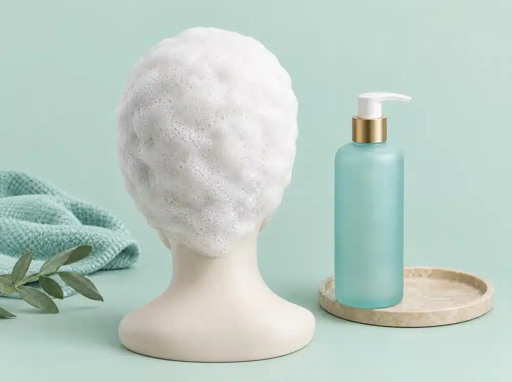 Illustration 3D : une tête sans visage, vue de dos, entièrement recouverte de mousse, à côté d'un flacon de shampoing turquoise