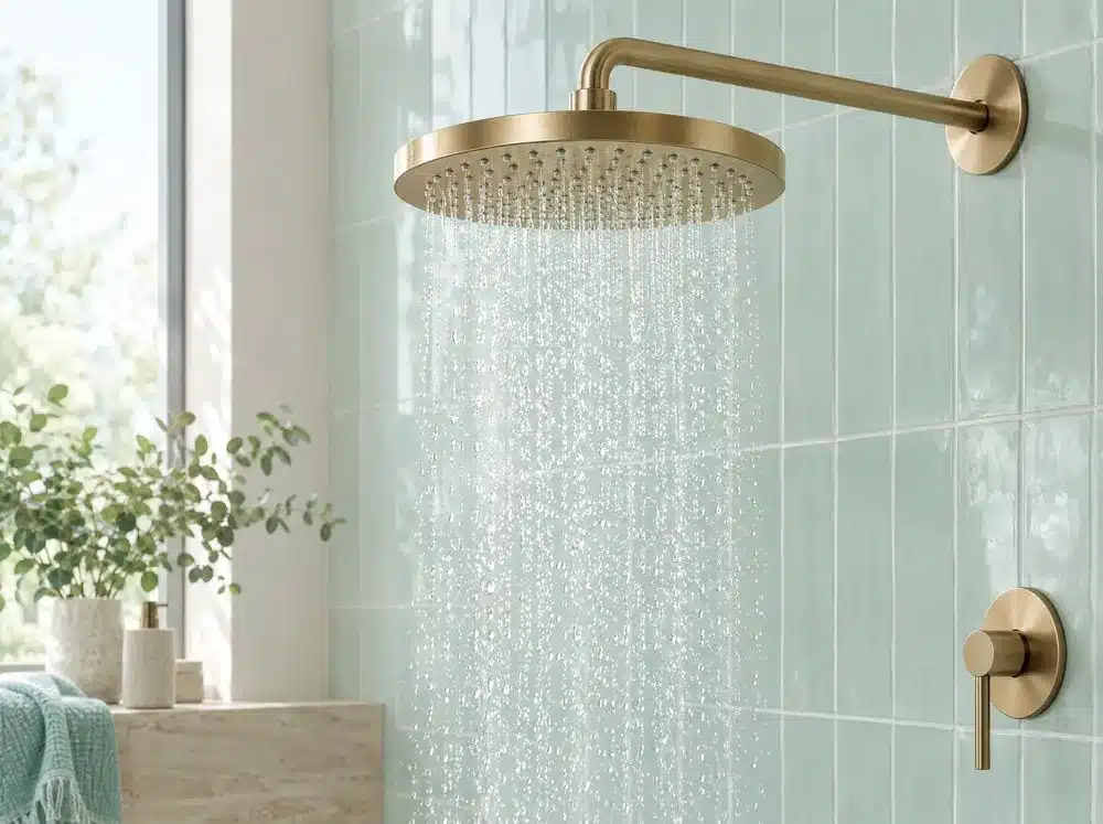 Pomme de douche en laiton d'où tombent de fines gouttes d'eau devant un carrelage vert d'eau : rincer à l'eau froide ou tiède