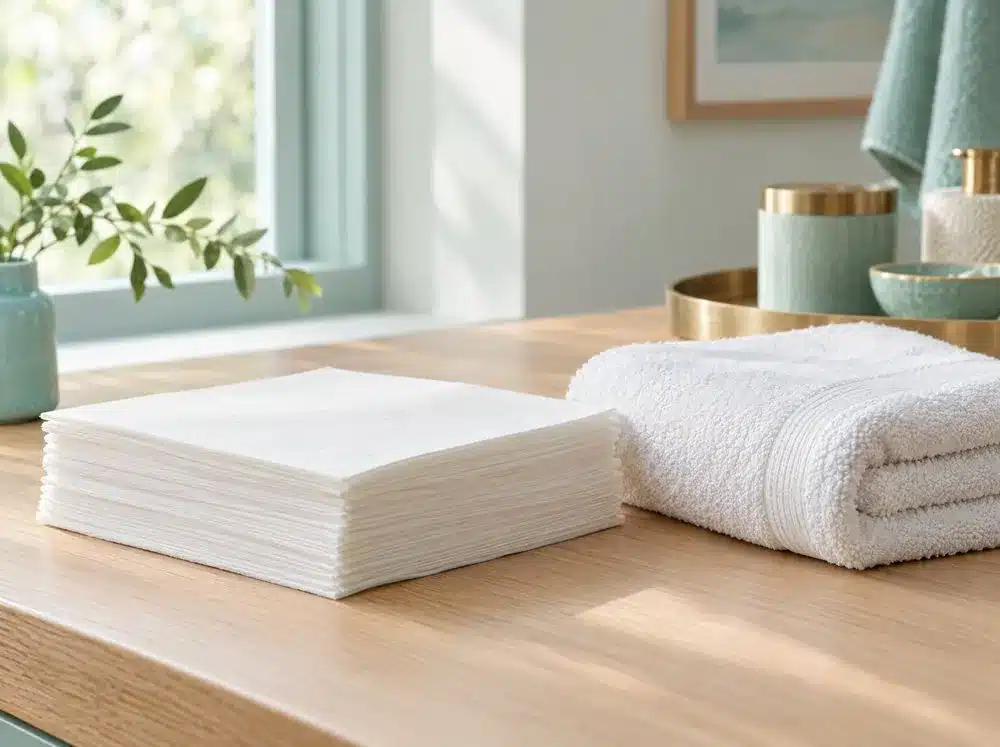 Pile de feuilles de papier absorbant blanc et serviette de coton blanche pliée sur un plan en chêne clair : sécher en tamponnant