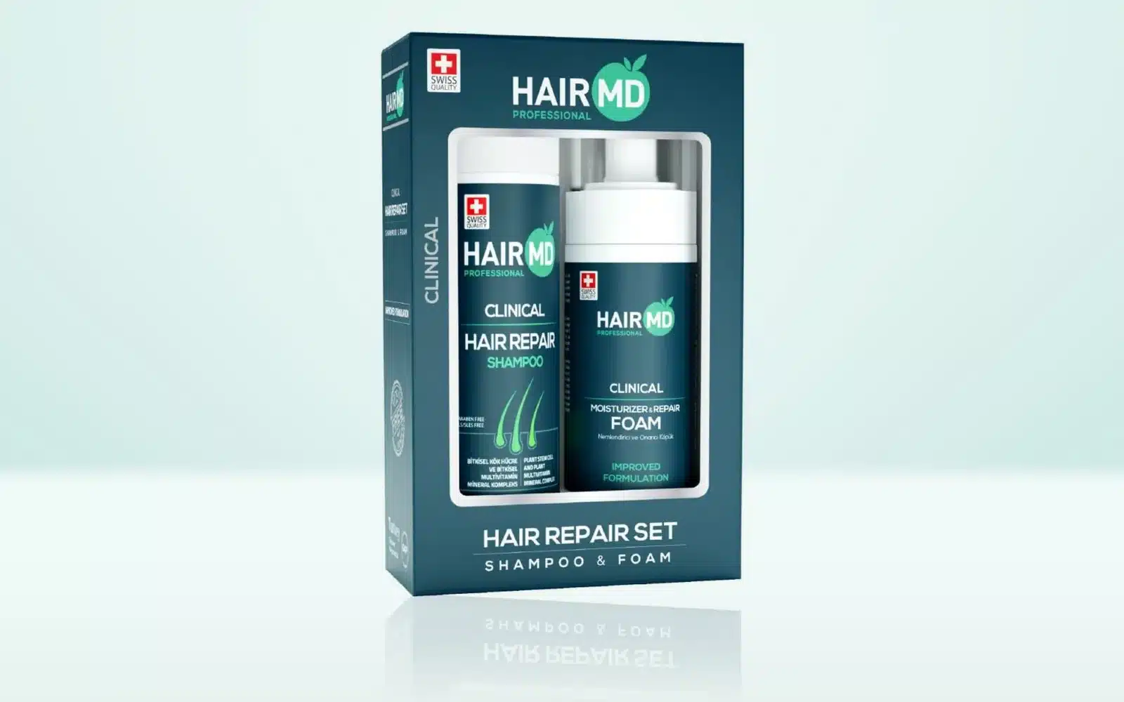 Photo du coffret HairMD Clinical Repair Set : une boîte bleu-vert avec une fenêtre qui laisse voir un flacon de shampoing et un flacon de mousse, posée sur une surface claire, fond turquoise clair