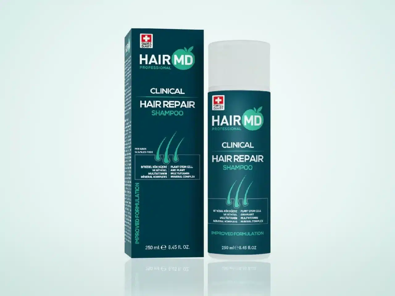 Photo du shampoing HairMD Clinical Hair Repair Shampoo (250 ml) : une boîte bleu-vert et un flacon blanc, sur fond turquoise clair