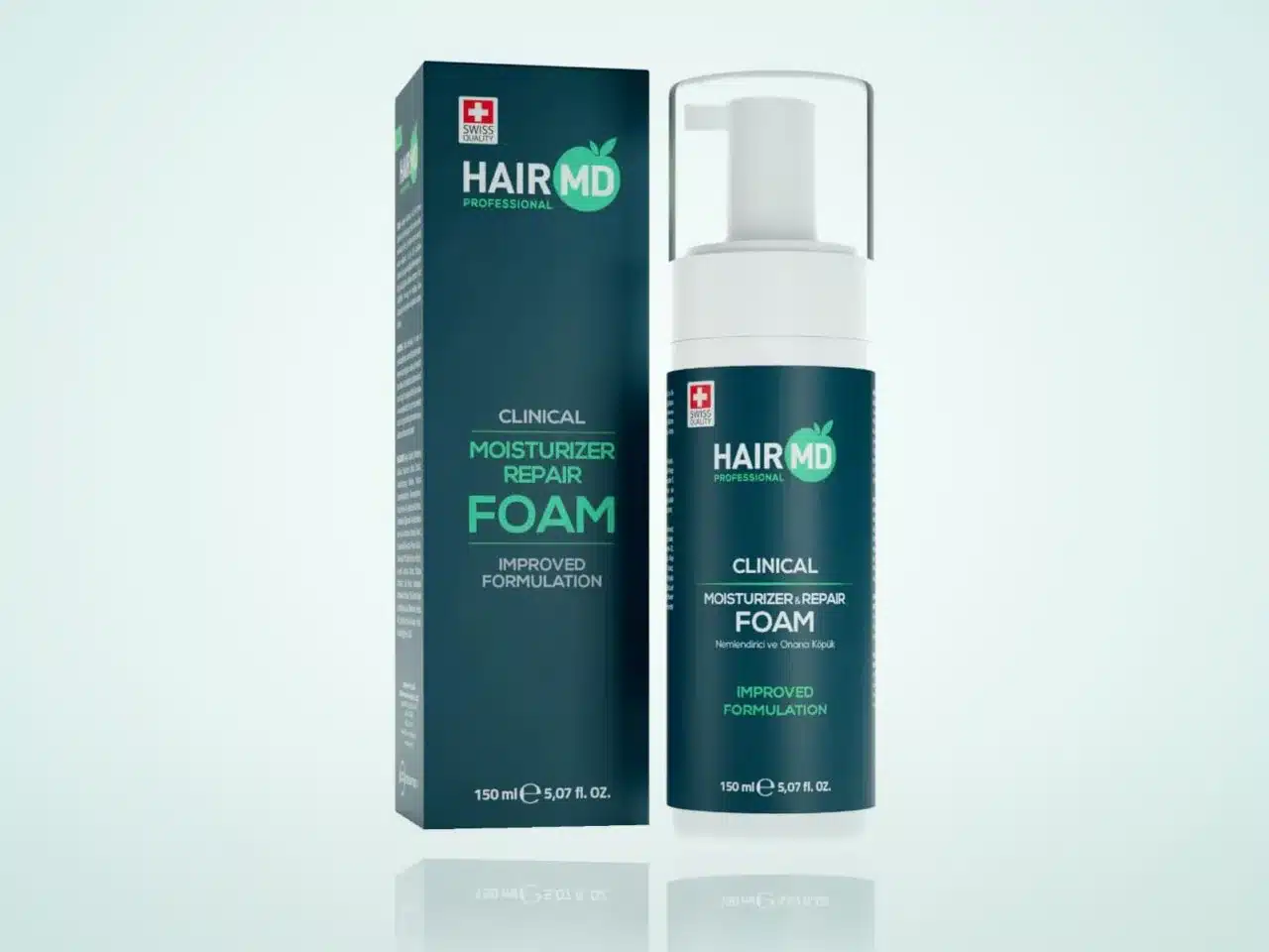 Photo de la mousse HairMD Clinical Repair Foam (150 ml) : une boîte bleu-vert et un flacon blanc à pompe, sur fond turquoise clair